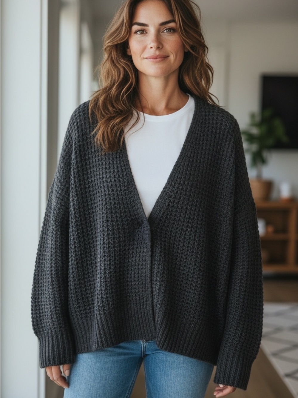 Free People Charcoal Waffle Knit V-Neck Cardigan Acrylic Wool